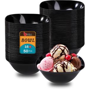 bUCLA 50Pack Black Plastic Serving Bowls - 16oz Disposable Serving Bowls for Dessert/Ice Cream/Salsa/Snack/Candy, Ideal for Party & Graduation