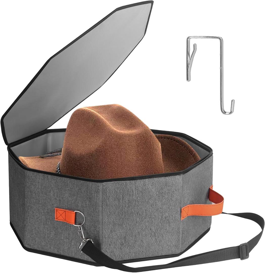 Hat Storage Box for Women & Men, Hardboard Support Cowboy Hat Boxes with 1 Door Hook Hat Organizer for Travel(Grey)
