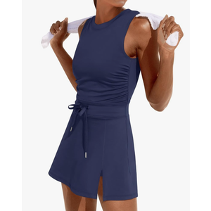 Caracilia Women Athletic Dress Tennis Active Workout Sleeveless Fitted Slit Summer Mini Golf Romper Dresses Built in Shorts, size S