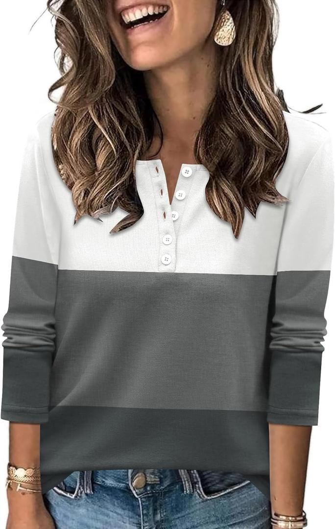 LUYAA Women's Long Sleeve V Neck Warm Henley Shirts Color Block Printed Button Down Tunic Tops Dressy Casual Winter Tops (Medium, White Grey Charcoal)