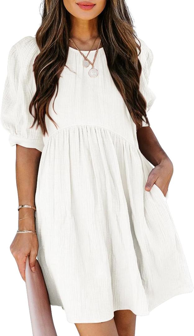 Dokotoo Womens Summer Crewneck Puff Sleeve Babydoll Elegant Empire Waist Mini Swing Skater Dresses with Pockets (Small, 1 White 2)