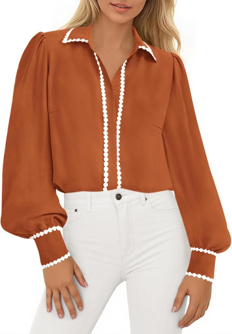 PRETTYGARDEN Womens Long Sleeve Button Down Shirts 2026 Trendy V Neck Loose Fit Fall Tops Collared Dressy Casual Blouses (M)