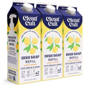 Cleancult Dish Soap Liquid Refills - Plant Based Cleaning Power - Cuts Grease & Grime - Free of Harsh Chemicals - Uses 90% Less Plastic - Lemon Verbena - 32 oz/3 Pack