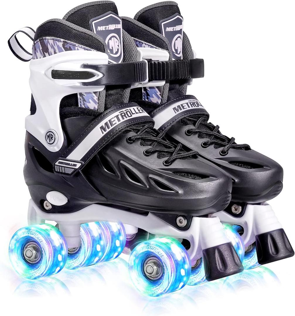METROLLER Roller Skates for Girls Ages 5-8 8-12 and Boys Teens, Adjustable 4 Sizes for Kids Toddler Rollerskates with Light up Wheels, for Women (Black)