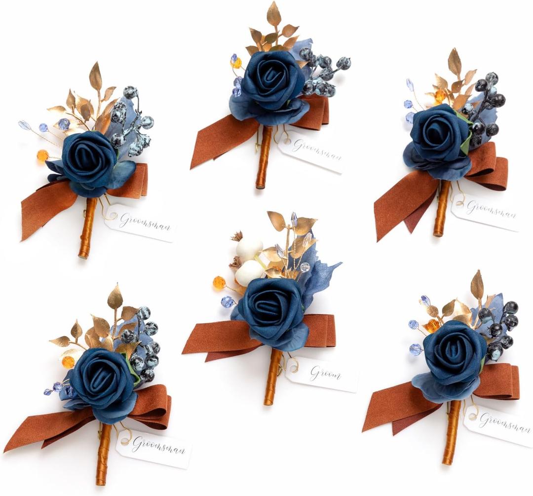 Ling's moment Boutonniere for Men, 6pcs Groom Groomsmen Boutonniere, Artificial Flowers for Wedding Decor/Prom/Homecoming, etc.Burnt Orange Navy Blue