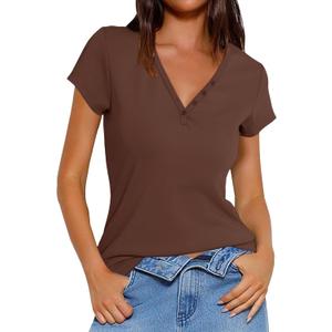 Prettywear Women's V Neck T Shirt Short Sleeve Summer Shirts Cotton Tops Basic Casual Trendy Tee (Brown, S)