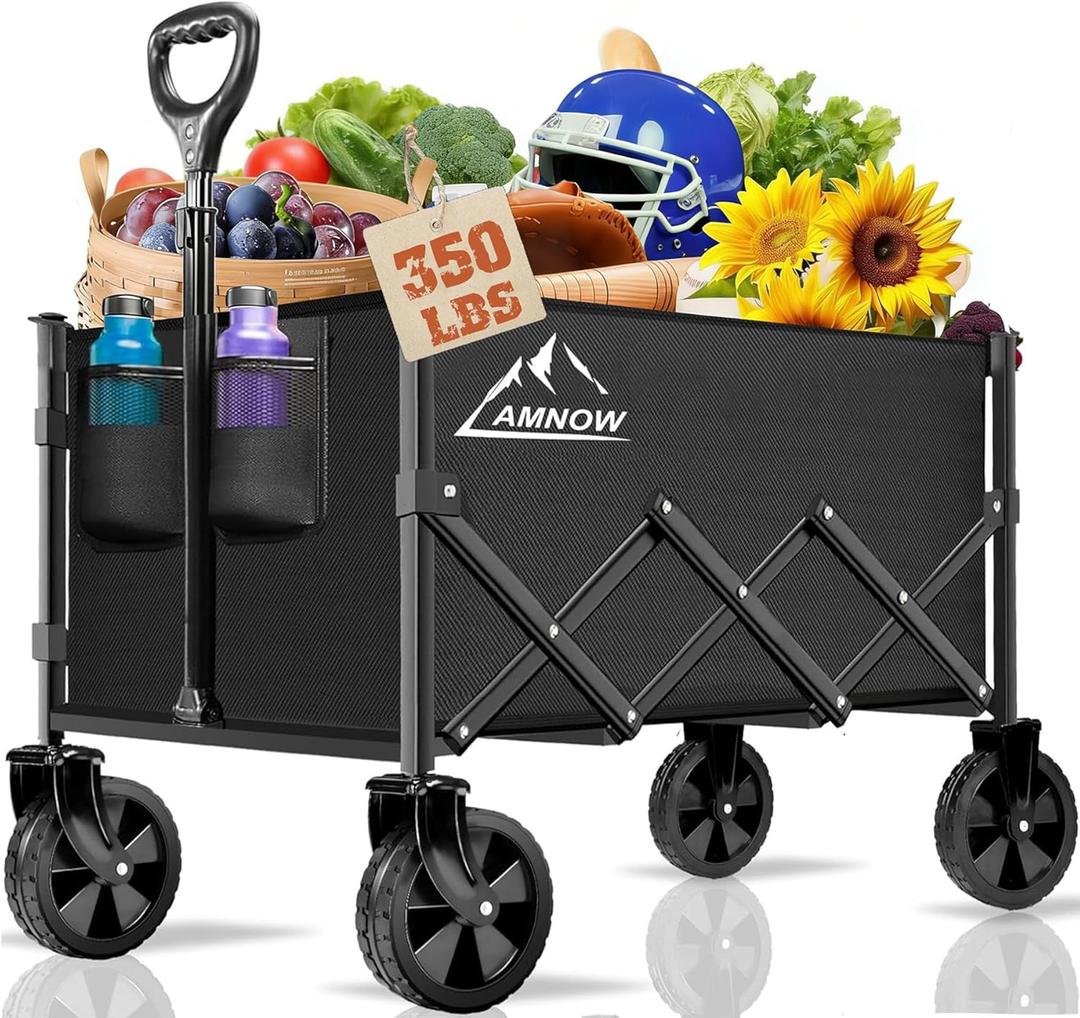 Collapsible Folding Wagon Cart, 350LBS Utility Large Capacity Cart Foldable Wagon with All Terrain Wheels, Grocery Wagons Carts for Garden Shopping Sports Camping, Black