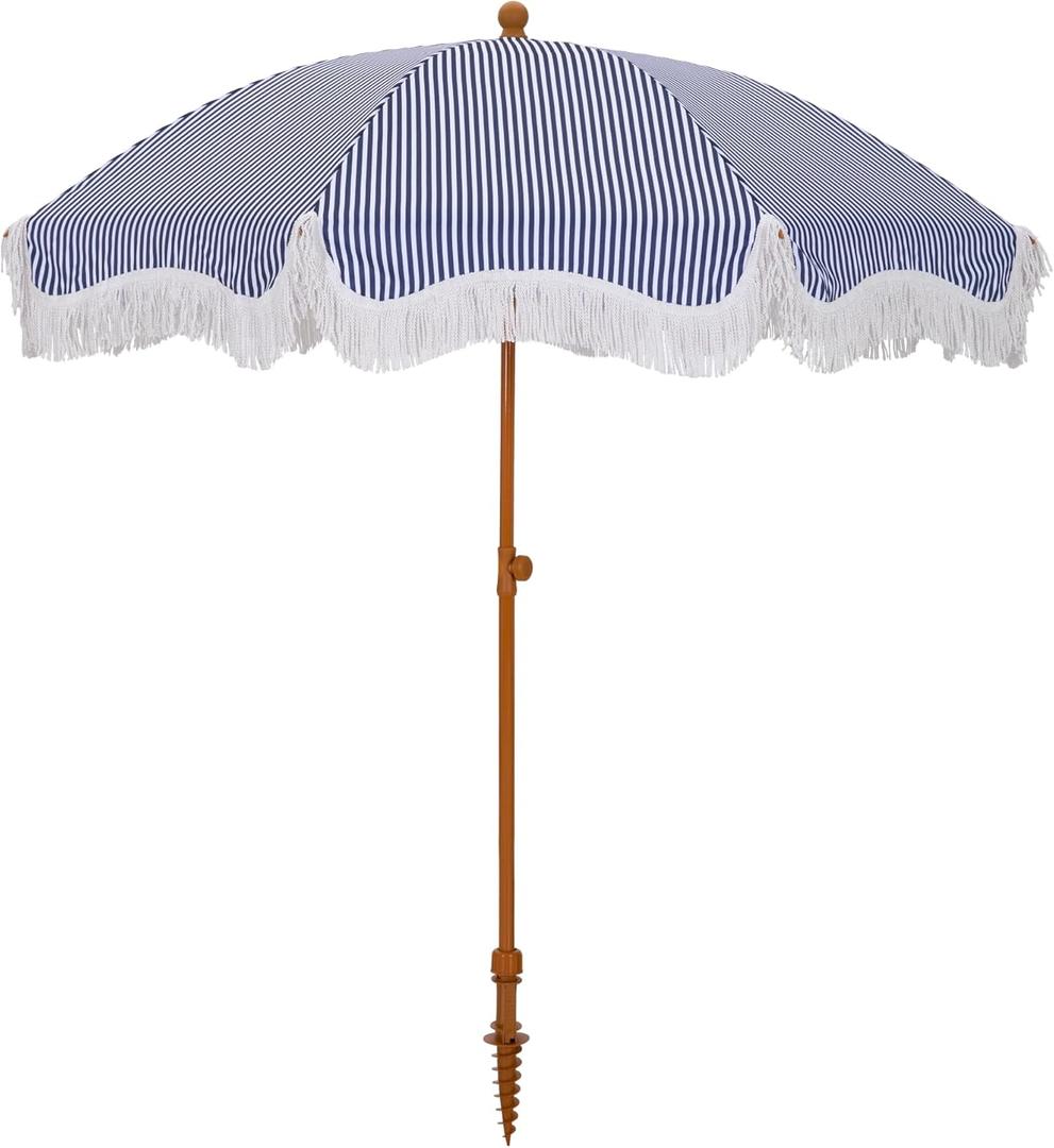 HERA'S PALACE 7ft Heavy Duty Beach Umbrella with Sand Anchor, Fringe Umbrella for Sand, UV 50+, Patio Umbrella with Tilt Pole for Garden Pool Backyard