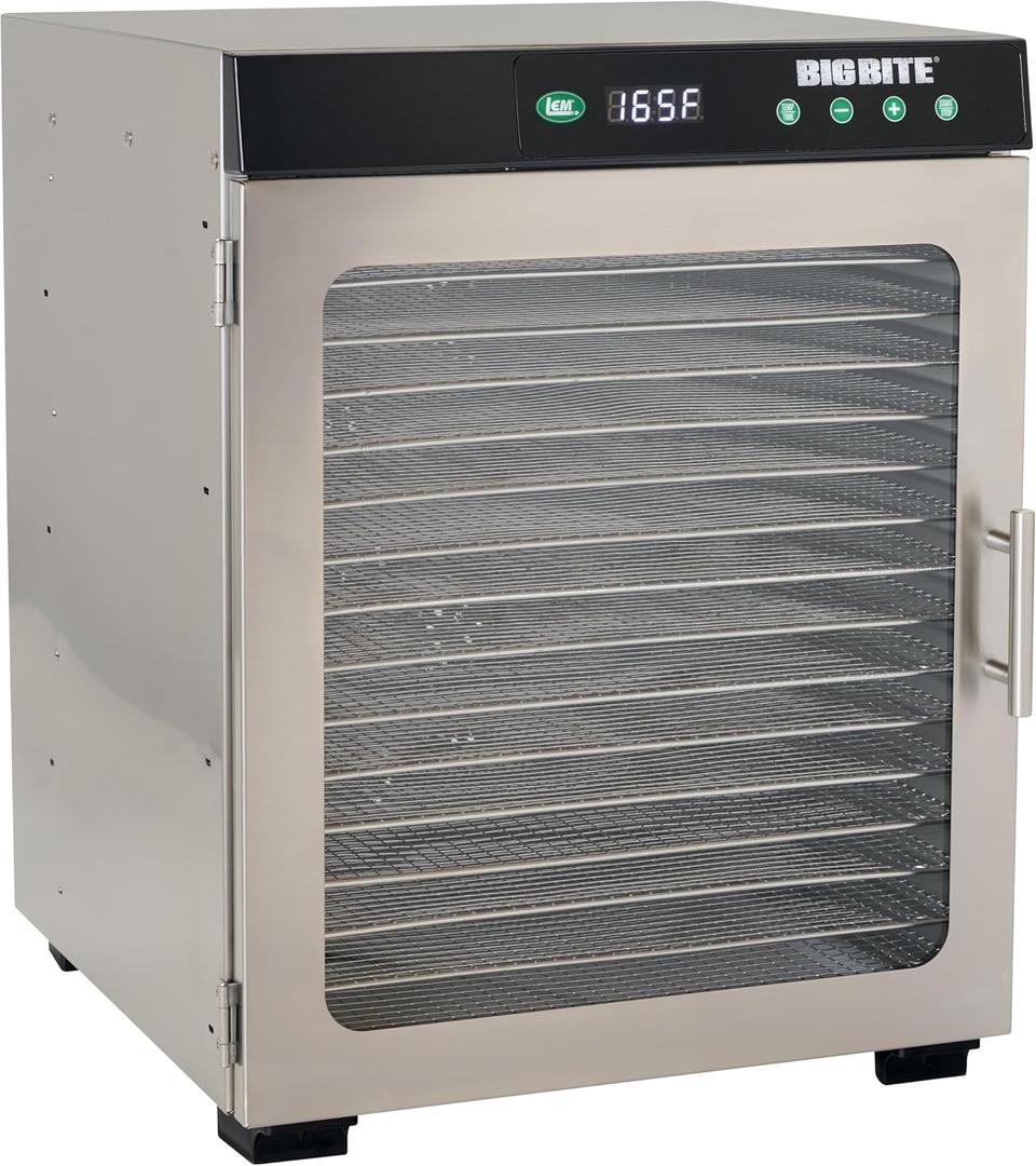LEM Products BigBite 16-Tray Stainless Steel Dehydrator, Food Dehydrator for Beef Jerky, Meat, Vegetables, and Fruits, Includes Dryer Machine and 16 Trays, Silver