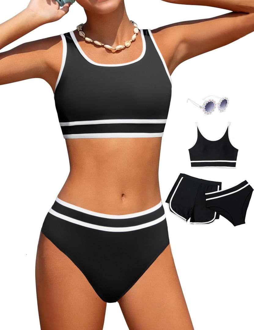 Girls Swimsuits 3 Piece Bathing Suit Bikini Set with Sporty Shorts and Sunglasses Beach Swimwear for Girl Size: 14-15 Years (Black)