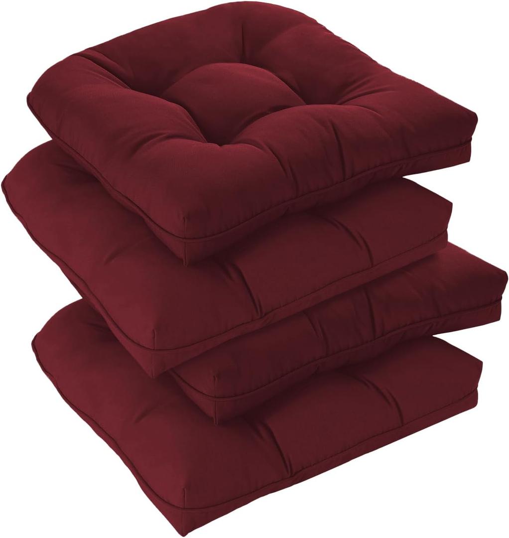 downluxe Outdoor Chair Cushions Set of 4 for Patio Furniture, Water Resistant Tufted Overstuffed Patio Furniture Cushions, Thick Outdoor Seat Cushion, 19" X 19" X 5", Burgundy
