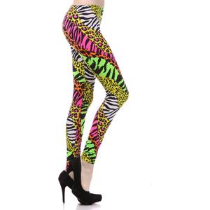 Multi Color Animal Print Bright Leggings 1980s Pants Zebra Cheetah Costume (Large)
