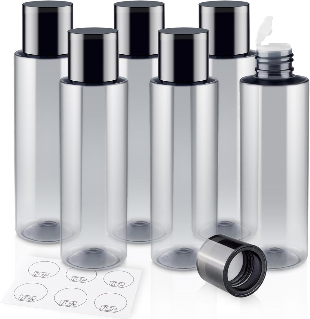 ZEJIA 150ML/5OZ Travel Size Toiletries, 6 Pack Travel Size Containers, Leak Proof Plastic Bottles for Shampoo, Lotion, Body Wash with 6pcs Labels (Grey)