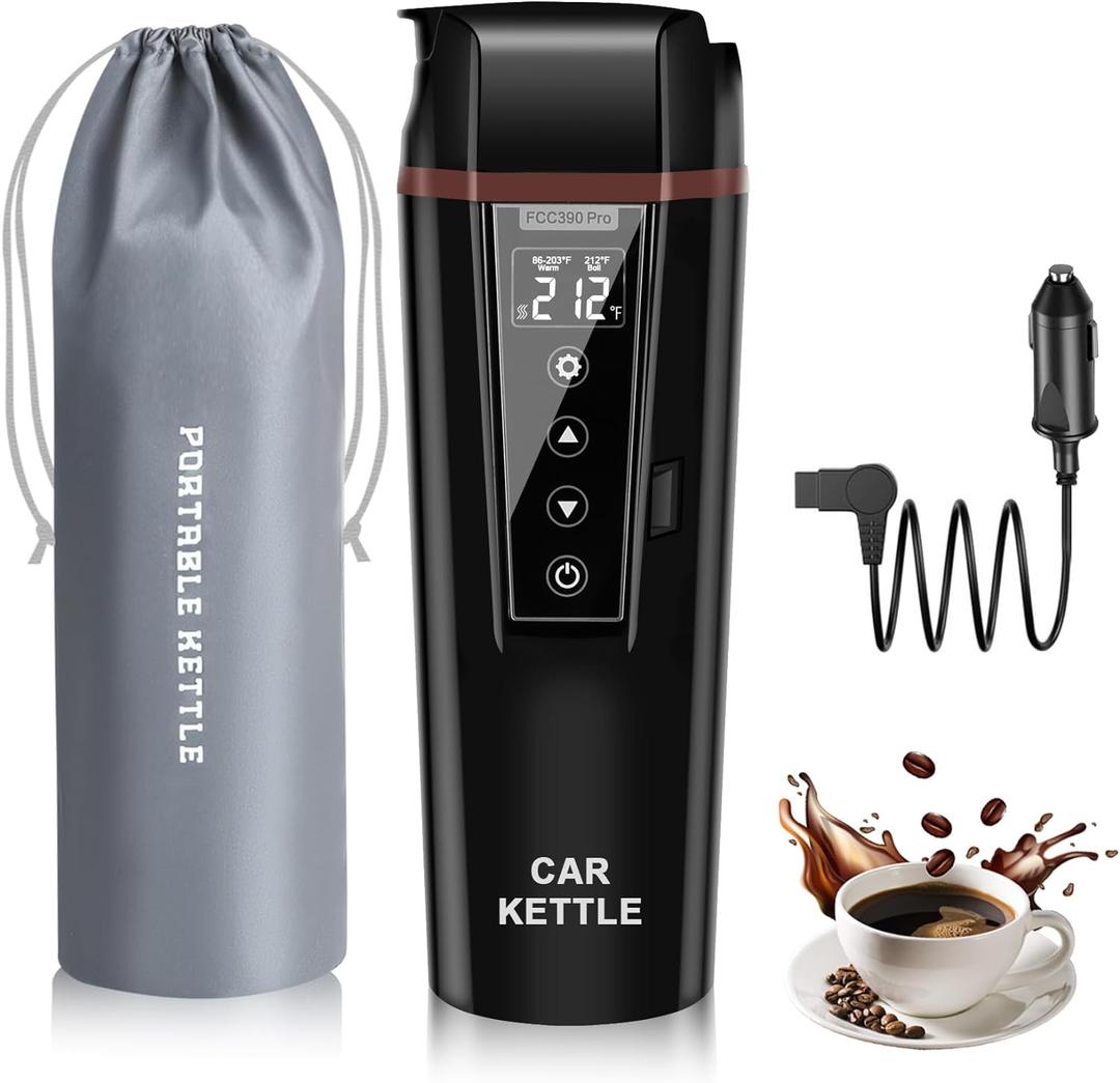 Car Electric Kettle: 12V/24V Portable Water Boiler Heated Travel Mug,Multiple Temperature Adjustable Coffee Tea Truck Cup with 304 Stainless Steel Dry Burn Protection & Handy Cup Bag (Black)