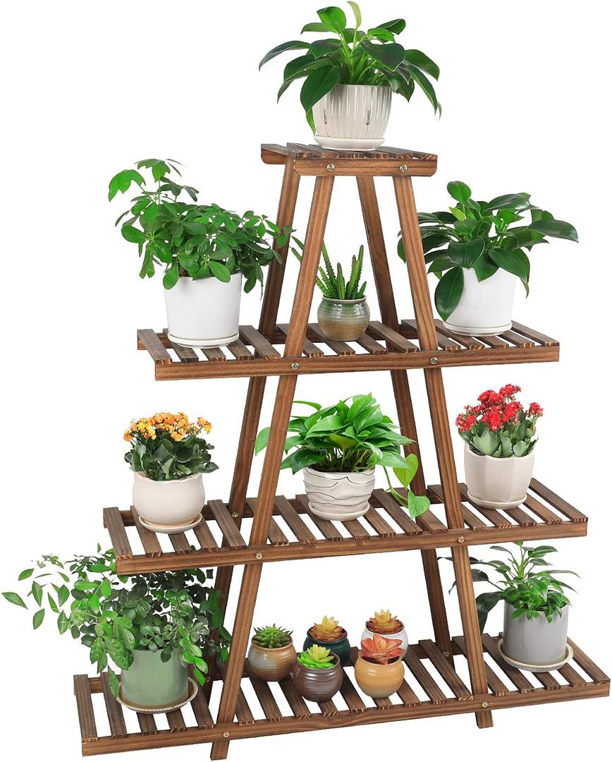 4 Tier Wood Plant Stand Indoor Outdoor A Frame Plant Display Shelf