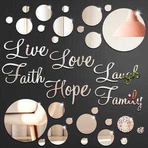 Zonon 3D Acrylic Mirror Wall Decor Stickers 6 Word DIY Faith Live Laugh Hope Love Family Mirror Wall Decor 26 Solid Circle Stickers for Home Bedroom Office(Silver)