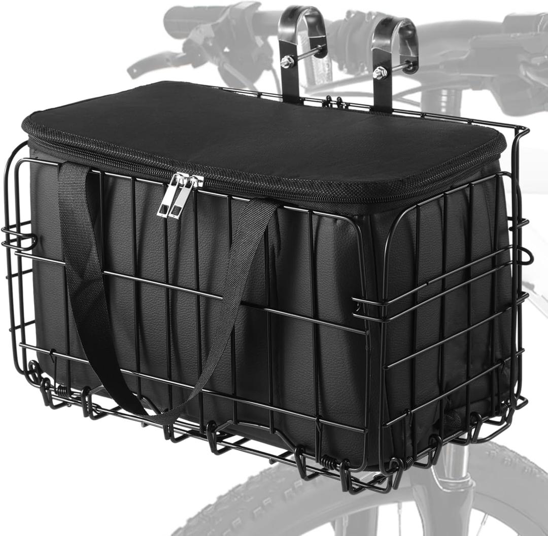 Front Bike Basket, Foldable Bike Storage Basket with Waterproof PU Bag, Zippered Pocket, Easy Installation, Fits Most Bikes, Black Metal Frame, 13.4 x 7.9 x 9in for Adult Women/Men Carrying Dogs, Pets