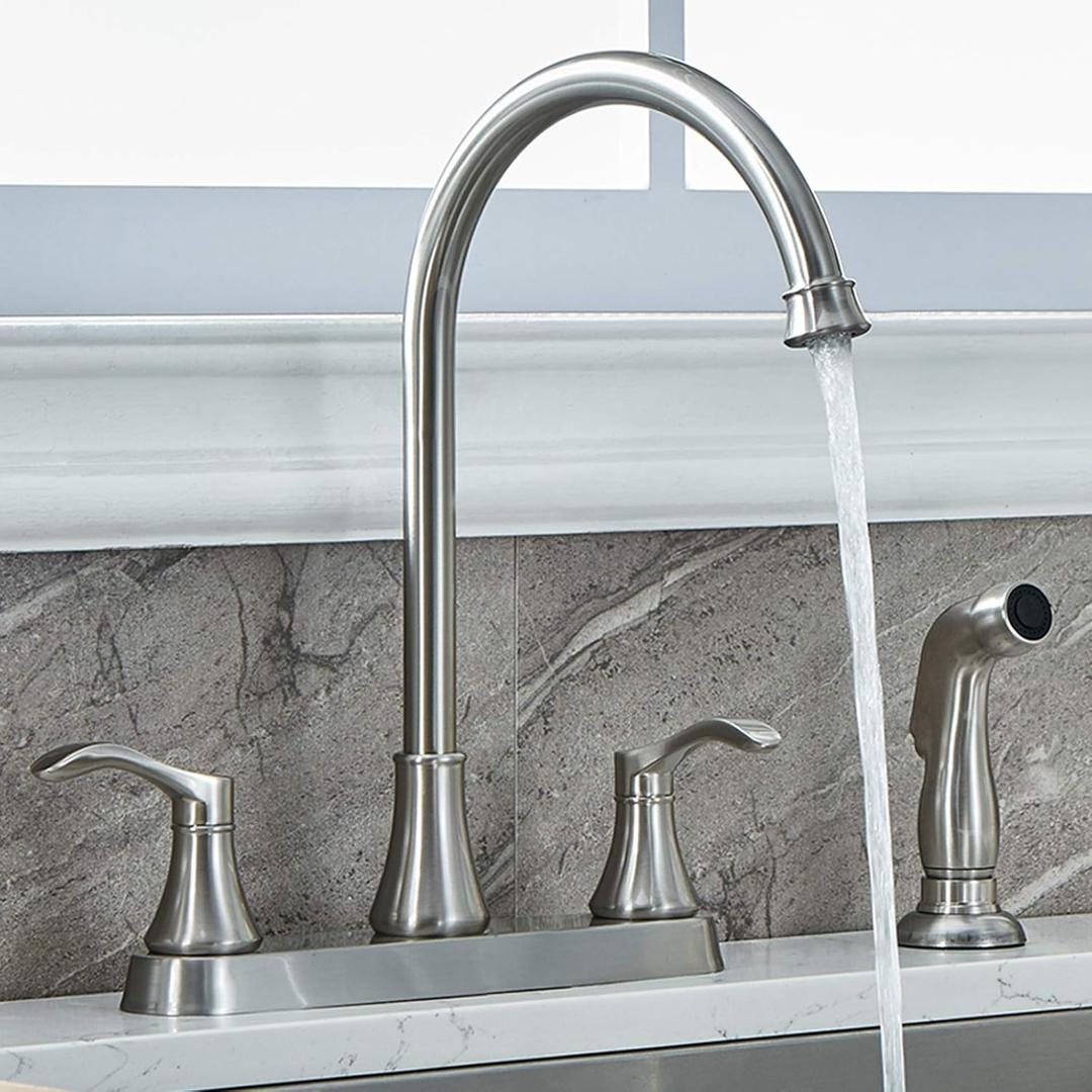 3 Hole or 4 Hole Two Handle Kitchen Faucet with Side Sprayer, Commercial Lead-Free Brushed Nickel Kitchen Sink Faucets for Rv Sinks with High-Arc Spout & Side Sprayer, VADR0004L