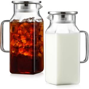 2 x Netany 2 Pack 1.2 Liters/40 oz Small Square Glass Pitcher with Lid and Handle for Fridge, Iced Tea and Coffee Carafe Storage Container, Resistant to Hot and Cold Borosilicate Jug