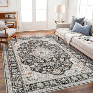 Washable Area Rug - 6x9 Bedroom Living Room Large Indoor Rugs Soft Oriental Vintage Rugs Non-Slip Backing Stain Resistant for Farmhouse Kitchen (6x9 Black/Ivory) (6' x 9')