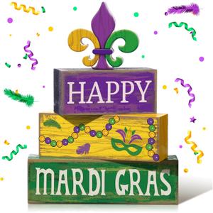 Moucuny 4 Pcs Mardi Gras Decorations Mardi Gras Wooden Sign Carnival Table Centerpiece Carnival Tiered Tray Decor Decorative Faux Book Stack Block for Masquerade Party Fireplace Mantel Shelf