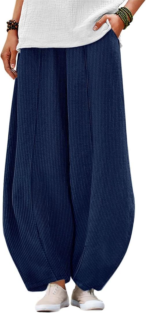 YESNO Women's Corduroy Lantern Pants Baggy Casual Loose Elastic Waist Long Trousers with Pockets PCI, XL, Navy Blue