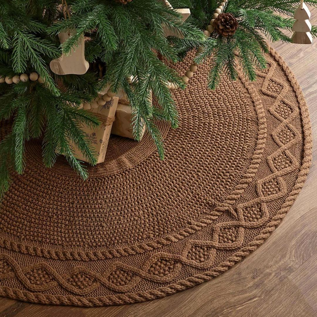 48 inch Christmas Tree Skirt: Diamond Edge Knit Tree Skirt for 7.5ft Tree, Western Brown Tree Skirt, Vintage Tree Skirts, Rustic Farmhouse Christmas Decorations
