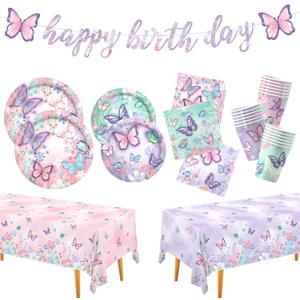 Butterfly Birthday Party Supplies Set - Includes Disposable Plates, Cups, Napkins, Tablecloth, and Banner | Butterfly Party Decorations for Girls Birthday Celebration, Serve 24