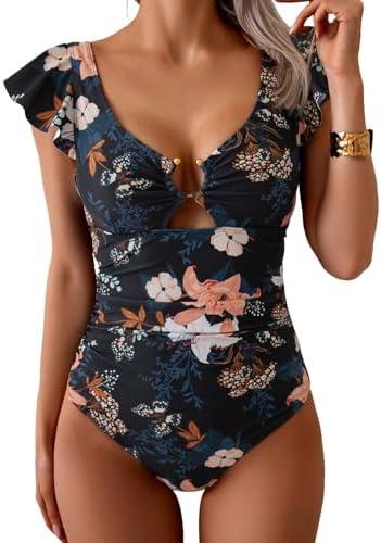 Eomenie Women's One Piece Swimsuit Tummy Control Bathing Suit Cutout Ruffle Slimming Swim Suit M