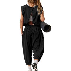 Women's Athletic One Piece Jumpsuit,Sleeveless Open Back Yoga Romper with Pockets,Jogger Tracksuit for Gym,Running (Black, XS)