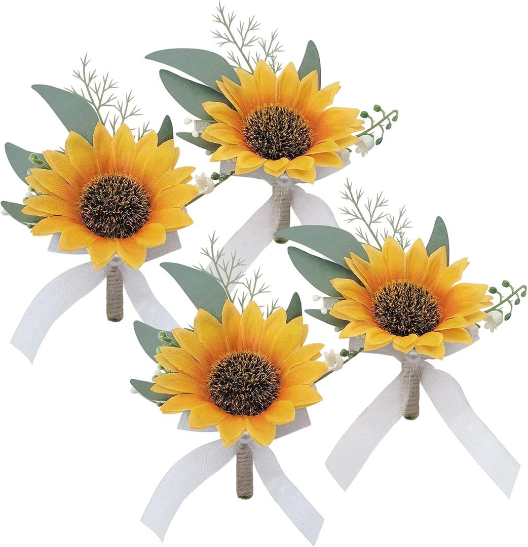 Artificial Sunflower Boutonniere,Bride Groom Bridesmaid Wedding Flower Corsage Set,Formal Party and Vintage Wedding.(4pcs Sunflower Boutonniere)