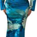 MakeMeChic Women's Tie Dye V Neck Ruched Dresses Dolman Sleeve Bodycon Slim Fitted Long Dress (Blue, XLarge)