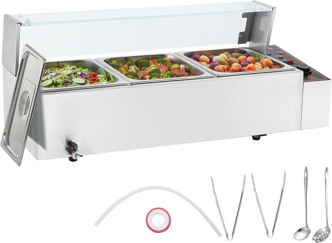VEVOR 3-Pan Commercial Food Warmer, 3 x 8QT Electric Steam Table with Glass Cover, 1500W Countertop Stainless Steel Buffet Bain Marie 86-185F Temp Control for Catering, Restaurants, Silver