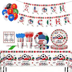 2026 World Soccer 102Pcs Birthday Party Decorations Includes Plates, Napkins, Cups, Banner, Tablecloths, Balloons, Cupcake Toppers for 2026 Soccer Party Decorations, Serves 10