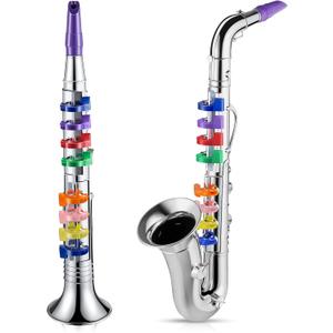 Amylove Set of 2 Toy Saxophone and Clarinet for Kids Toddlers Plastic Instruments Fake Music Toy Portable Early Educational Toys Teaching Songs Musical Gifts(Silver)