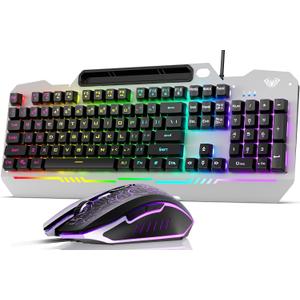 AULA Keyboard, T102 104 Keys Gaming Keyboard and Mouse Combo with RGB Backlit Number Pad, All-Metal Panel Waterproof Light Up PC Keyboard, USB Wired Computer Keyboards Gaming for MAC Xbox PC Gamer (Black Keycaps + Silver Panel)