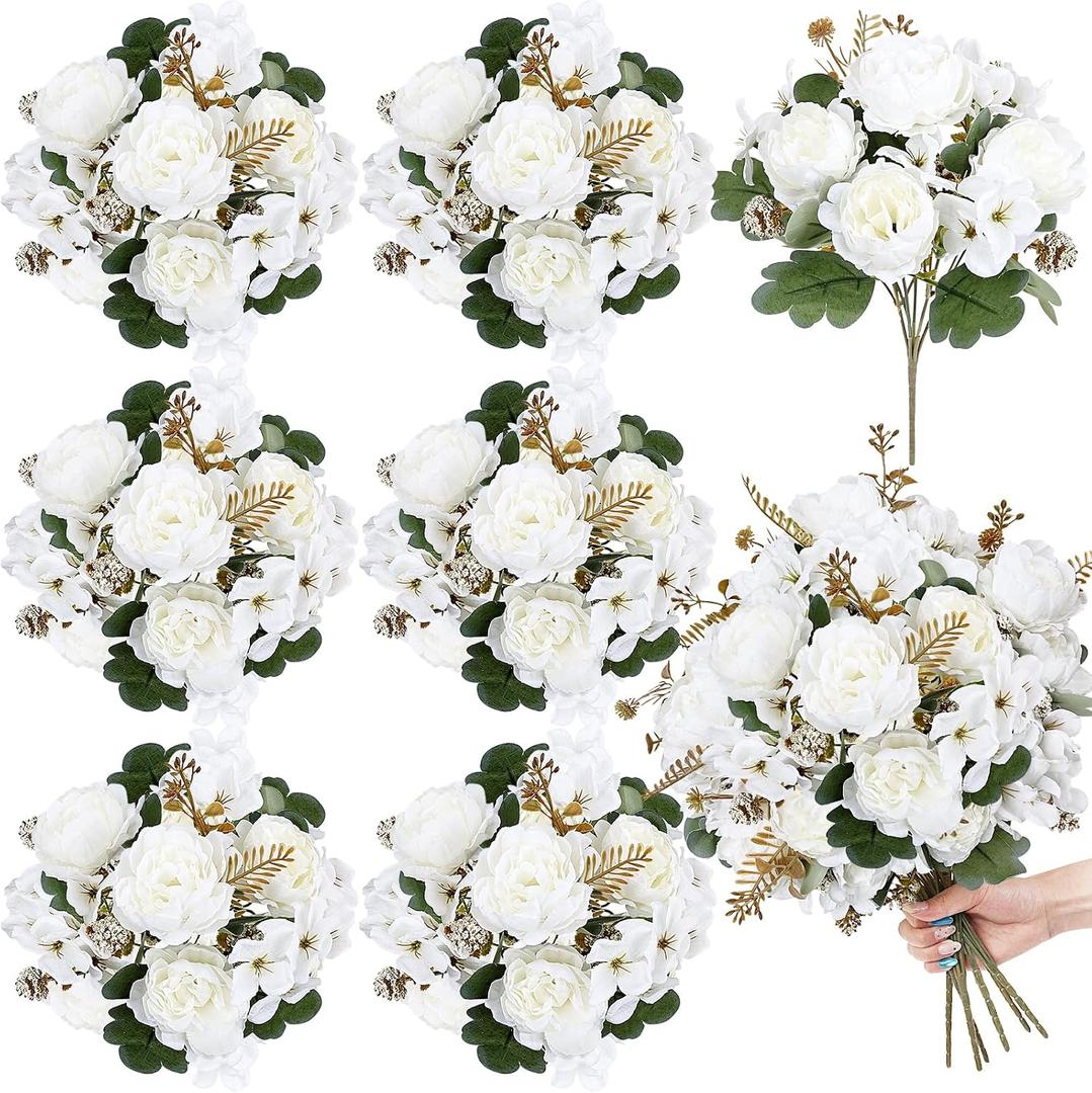 6 Bundles White Peonies Artificial Flowers | For DIY Vintage Wedding Party Bouquets, Vase Filler for Dining Table Centerpieces