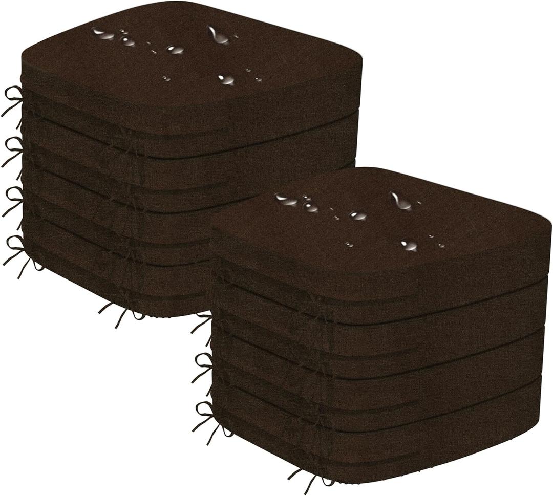 17'' x 16'' x 2.5"Thick Chair Cushions for Dining Chairs, 8 Pack WaterProof Easy Clean Kitchen Chair Pads with Ties and Non-Slip Backing - 30D High Elastic Foam Soft Kitchen Chair Cushions (Brown)