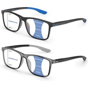 2 Pack Progressive Multifocal Reading Glasses for Men Blue Light Blocking TR90 Full Rim Readers Hidden Spring Hinge Rubber Tips Near Intermediate Vision,2.75x