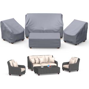 Mrrihand Patio Furniture Covers - 4 Piece Outdoor Furniture Set with Waterproof Sofa, Chair, Coffee Table Covers - Windproof Buckle Strap and Adjustable Drawstring - Grey