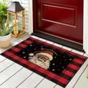 2 Pcs Christmas Front Porch Rug Black Santa Christmas Door Mat Imitation Coco Coir Buffalo Plaid Xmas Welcome Layering Rug for Outdoor Winter Home Festival Holiday Decor, 28 x 43 Inch