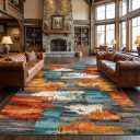 8x10 Area Rug for Living Room,Modern Abstract Burnt Orange Rug,Terracotta and Teal Brushstroke,Washable Rug,Non Slip, Bedroom, Dining Room, Home Office
