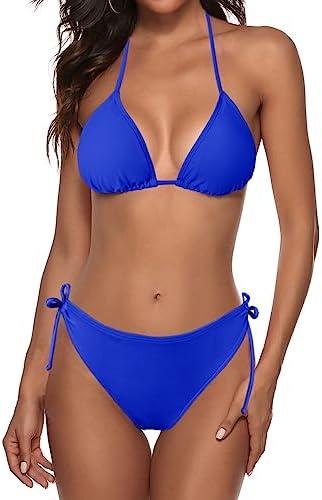 Zonsaoja Women String Bikini Set Halter Side Tie Two Piece Swimsuit Triangle Bathing Suits L