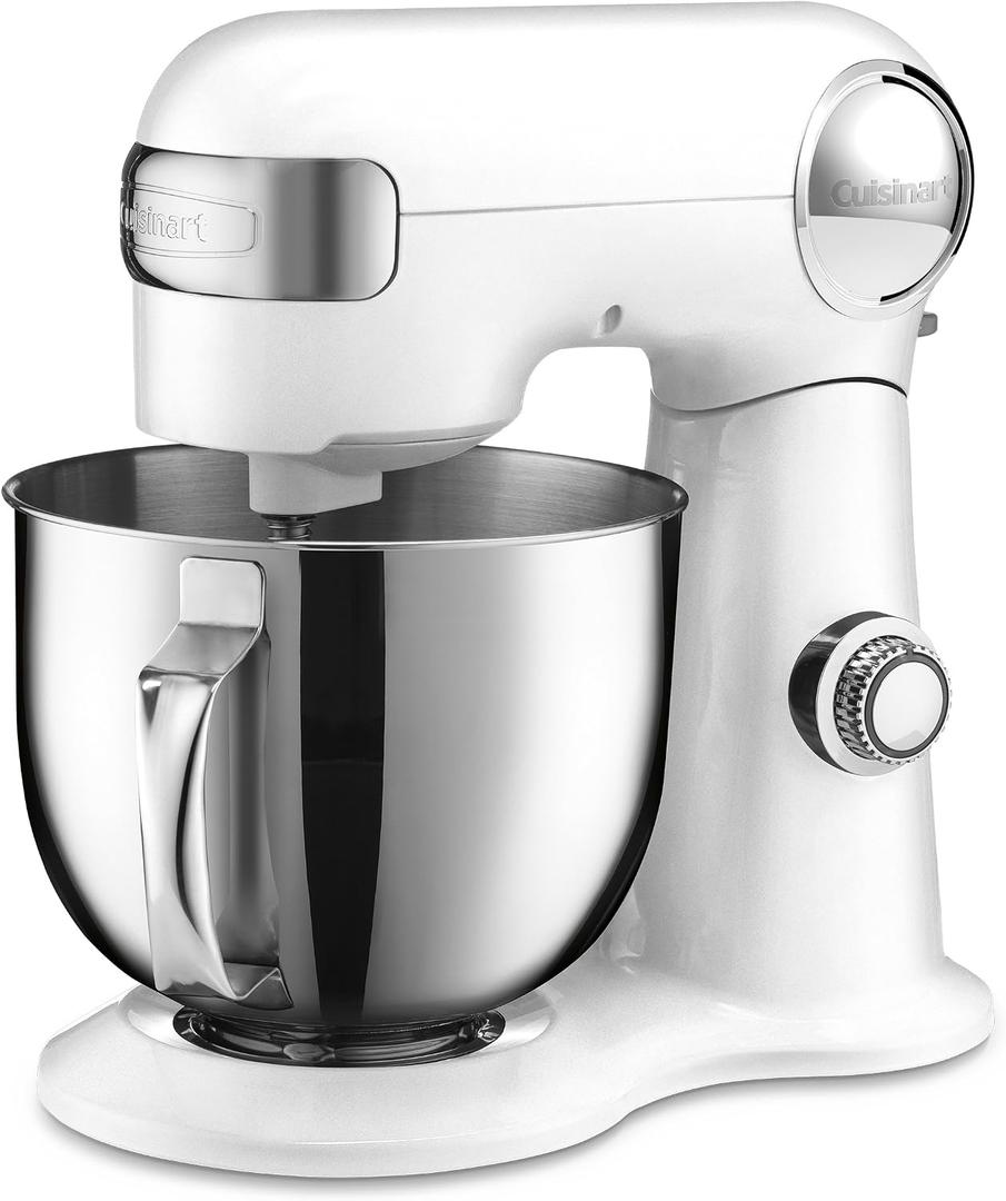 Cuisinart Stand Mixer, 12 Speed, 5.5 Quart Stainless Steel Bowl, Chefs Whisk, Mixing Paddle, Dough Hook, Splash Guard w/ Pour Spout, White Linen, SM-50NAS, Manual