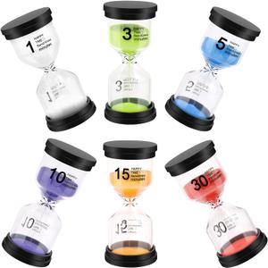 Sand Timer, Hourglass Sand Timers Colorful 1/3/5/10/15/30 Minutes Sandglass Timer with Protective Cover for Classroom Home Office Cooking (Pack of 6) Multicolor