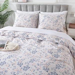 HoneiLife King Size Duvet Cover - 100% Cotton Comforter Cover, Soft & Breathable Floral Bedding Duvet Cover Sets with Zipper Closure & Corner Ties, 3-PC Wildflower Comforter Cover Sets, Blue Leaves