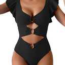 B2prity Women's One Piece Swimsuit Ruffle Sleeve Cut Out Bathing Suit Tie Back High Waisted Swim Suit, Black, L