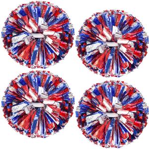 4Pcs Upgraded 12inch Metallic Cheerleading Pom Poms, HOLENGS Cheerleader Pompoms Cheer Poms for Kids Adults, Cheering Squad Pompoms for School Sports Games Dance Party (Blue and Red and Sliver)