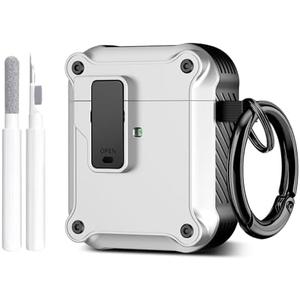 Maxjoy for AirPods Case, Carbon Fiber Secure Lock Clip Full Body Shockproof Hard Shell Protective Case Cover with Keychain for AirPod 1st and 2nd Generation Wireless Charging Case, White
