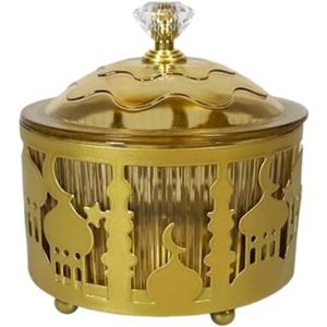 Gold Metal Ramadan Serving Trays with Lid, Eid Mubarak Plates Dining Table Centerpieces Decor, Islamic Decorations for Home, Ramadan Gift for Muslim